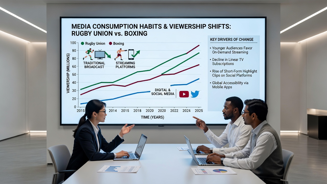 Boxing match highlights being viewed on a smartphone alongside rugby union analysis on a tablet in a UK household
