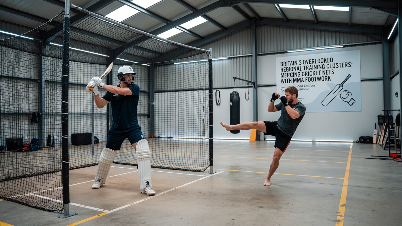 Athletes performing MMA footwork patterns immediately after exiting cricket nets inside a converted warehouse facility